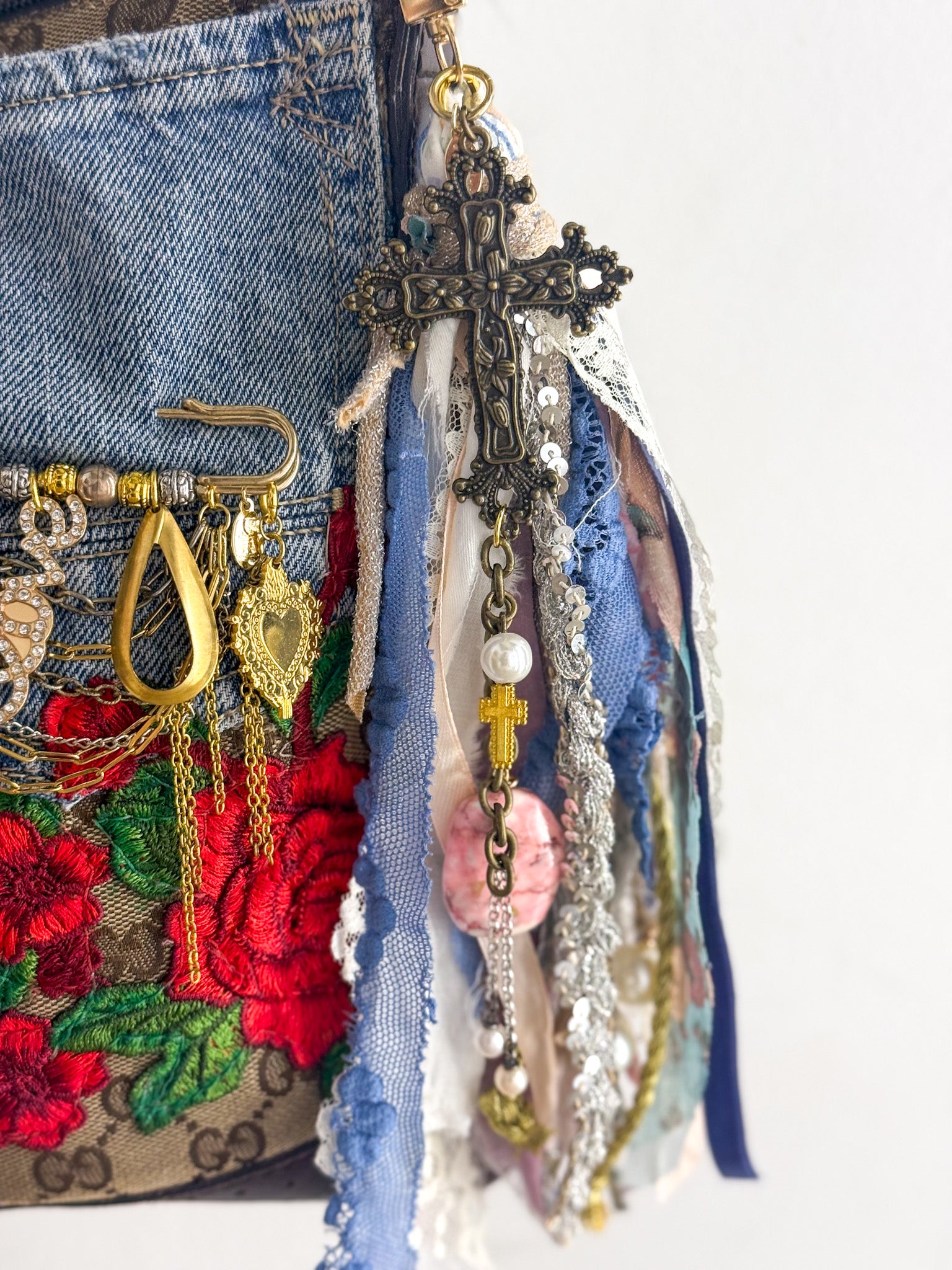 OOAK Large Cross & Fabric Bag Charm