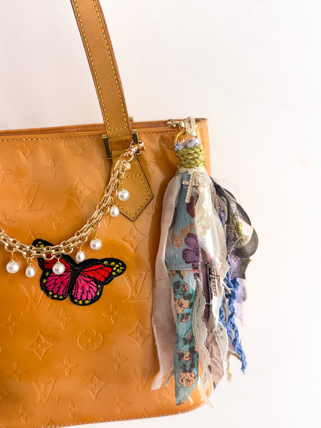 OOAK Rhinestone Cross & Fabric Bag Charm