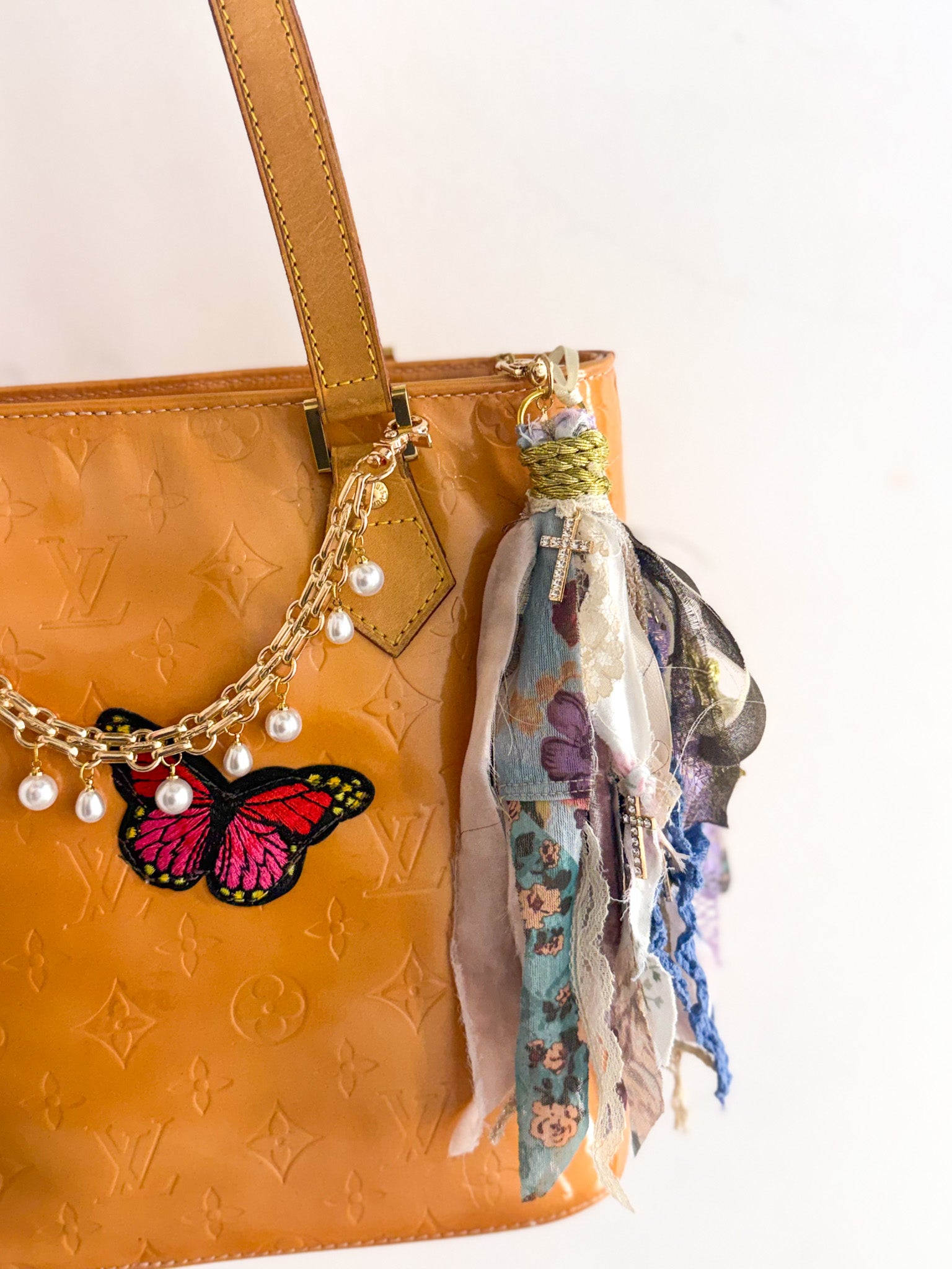 OOAK Rhinestone Cross & Fabric Bag Charm