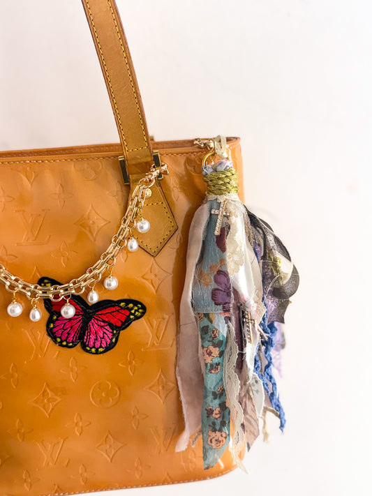 OOAK Rhinestone Cross & Fabric Bag Charm