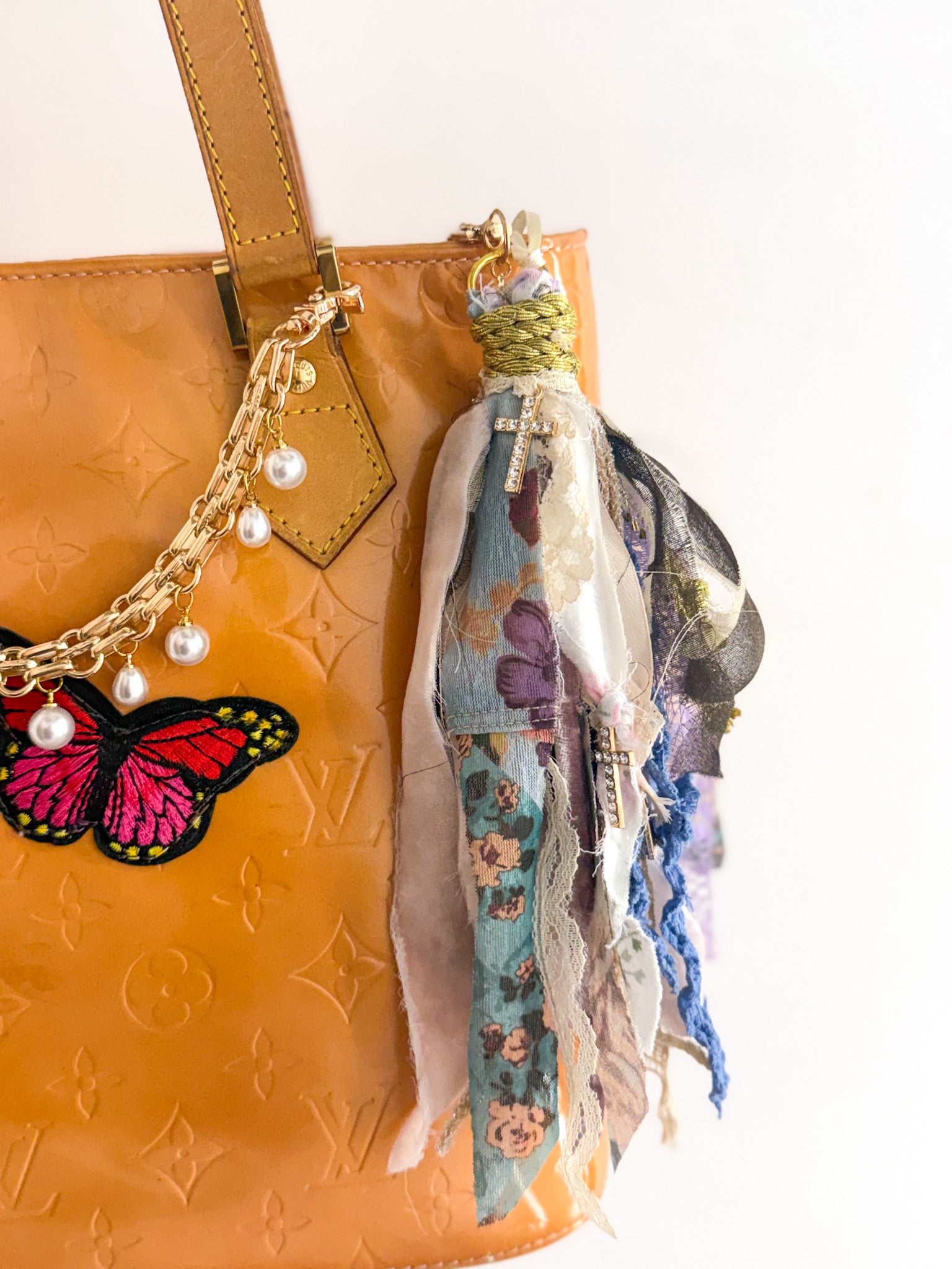 OOAK Rhinestone Cross & Fabric Bag Charm