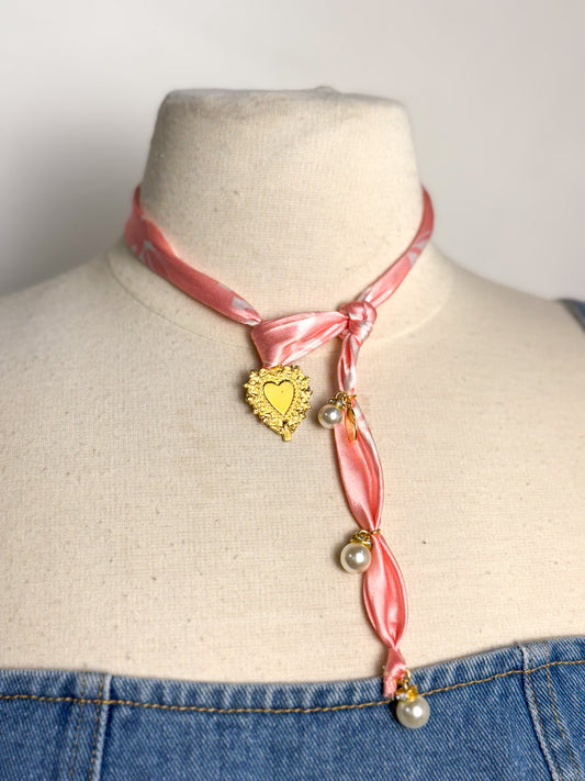 OOAK Satin Bandana Heart Lariat Necklace