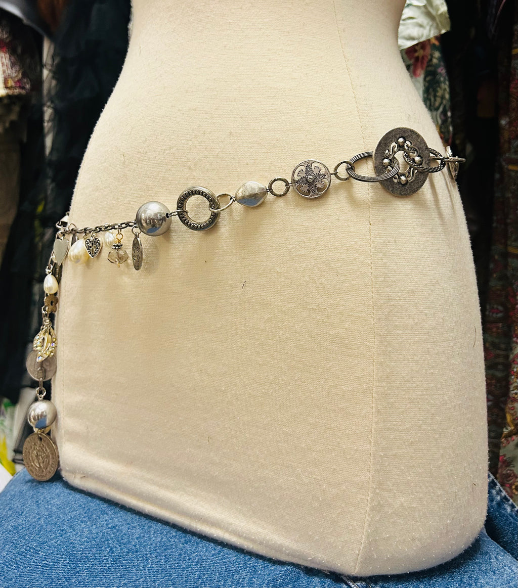 OOAK VIntage Silver & Pearls Necklace or Belt