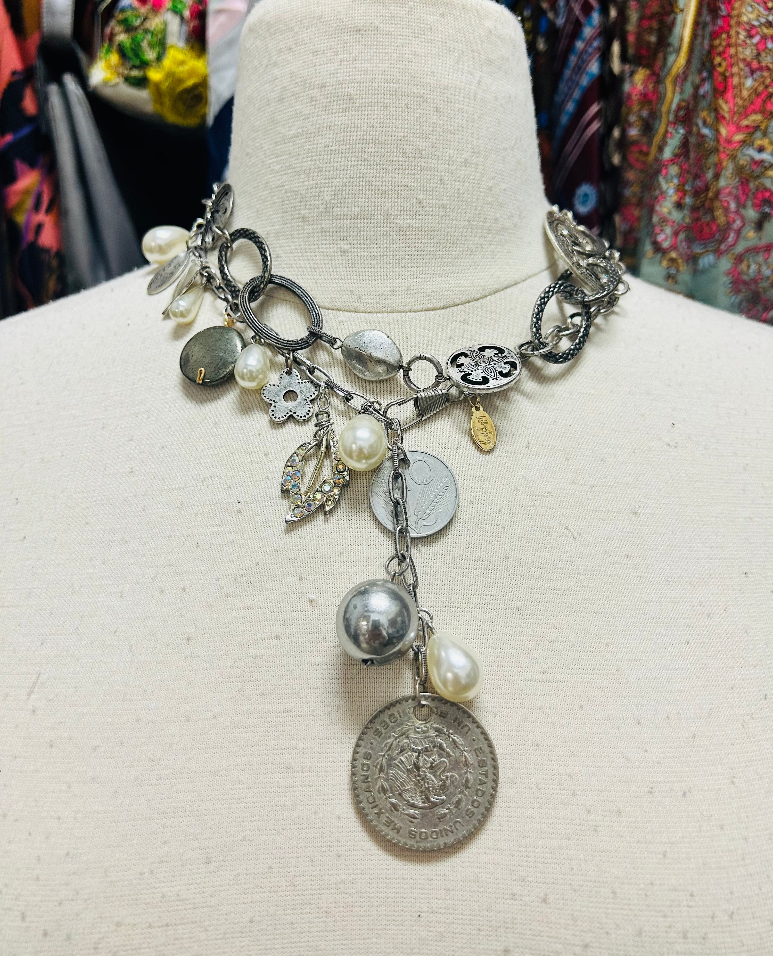 OOAK VIntage Silver & Pearls Necklace or Belt