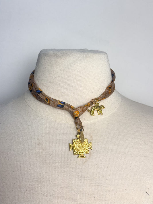 OOAK Designer 'Loewe' Silk Tie Cross Lariat Scarf Necklace