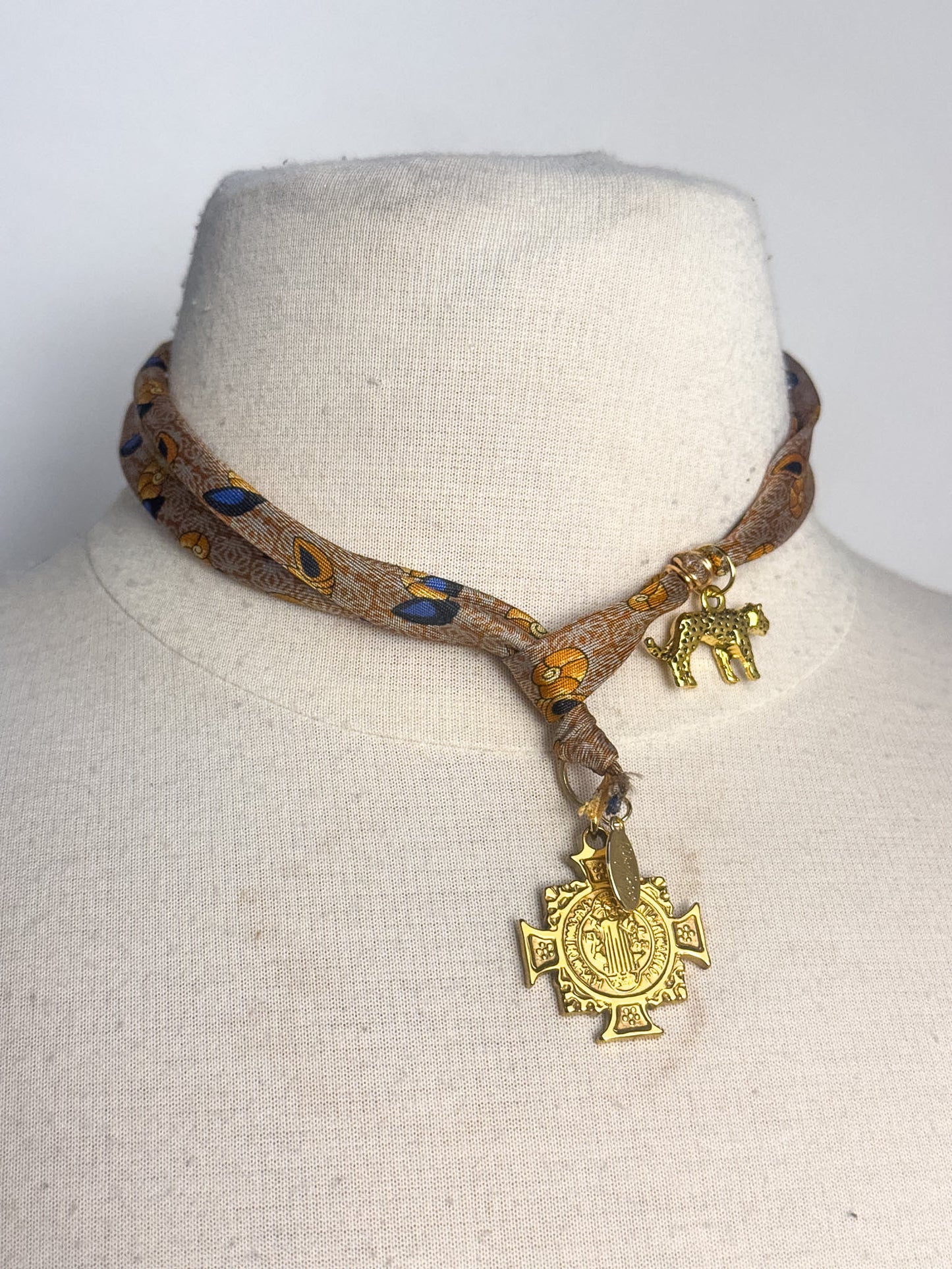 OOAK Designer 'Loewe' Silk Tie Cross Lariat Scarf Necklace