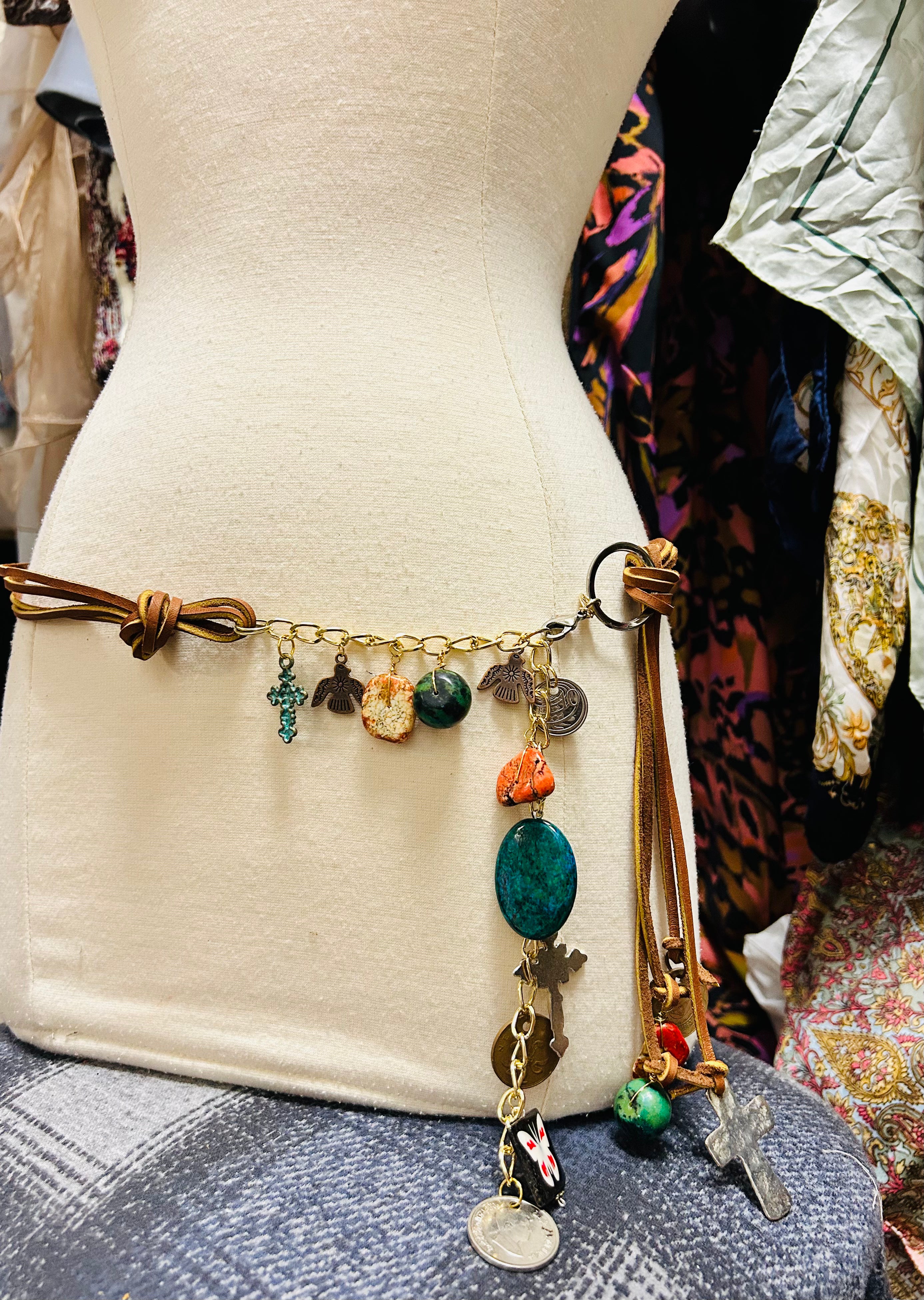 OOAK Leather & Stones Fringe Belt