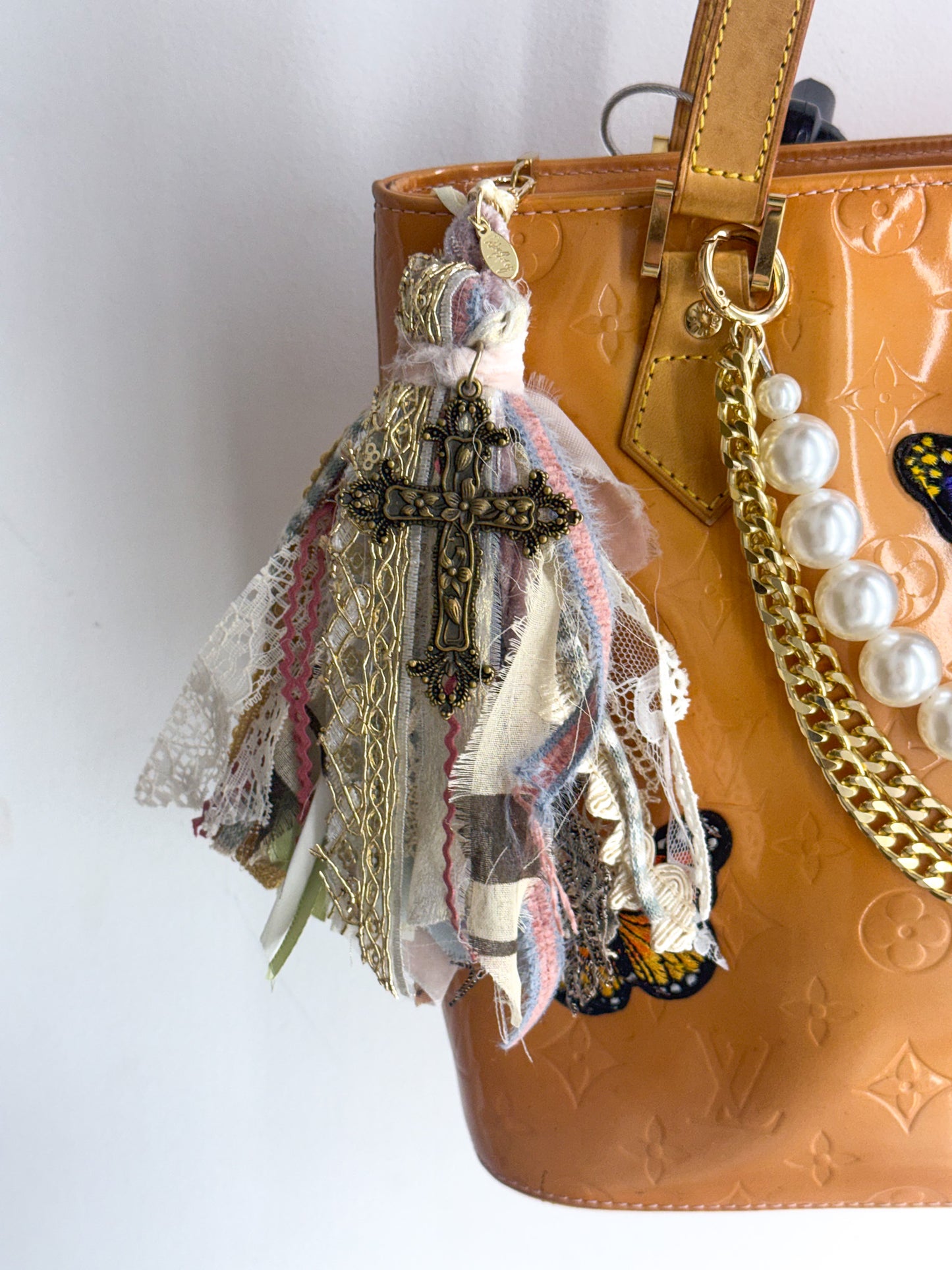OOAK Medium Fabric Purse Charm with Large Cross