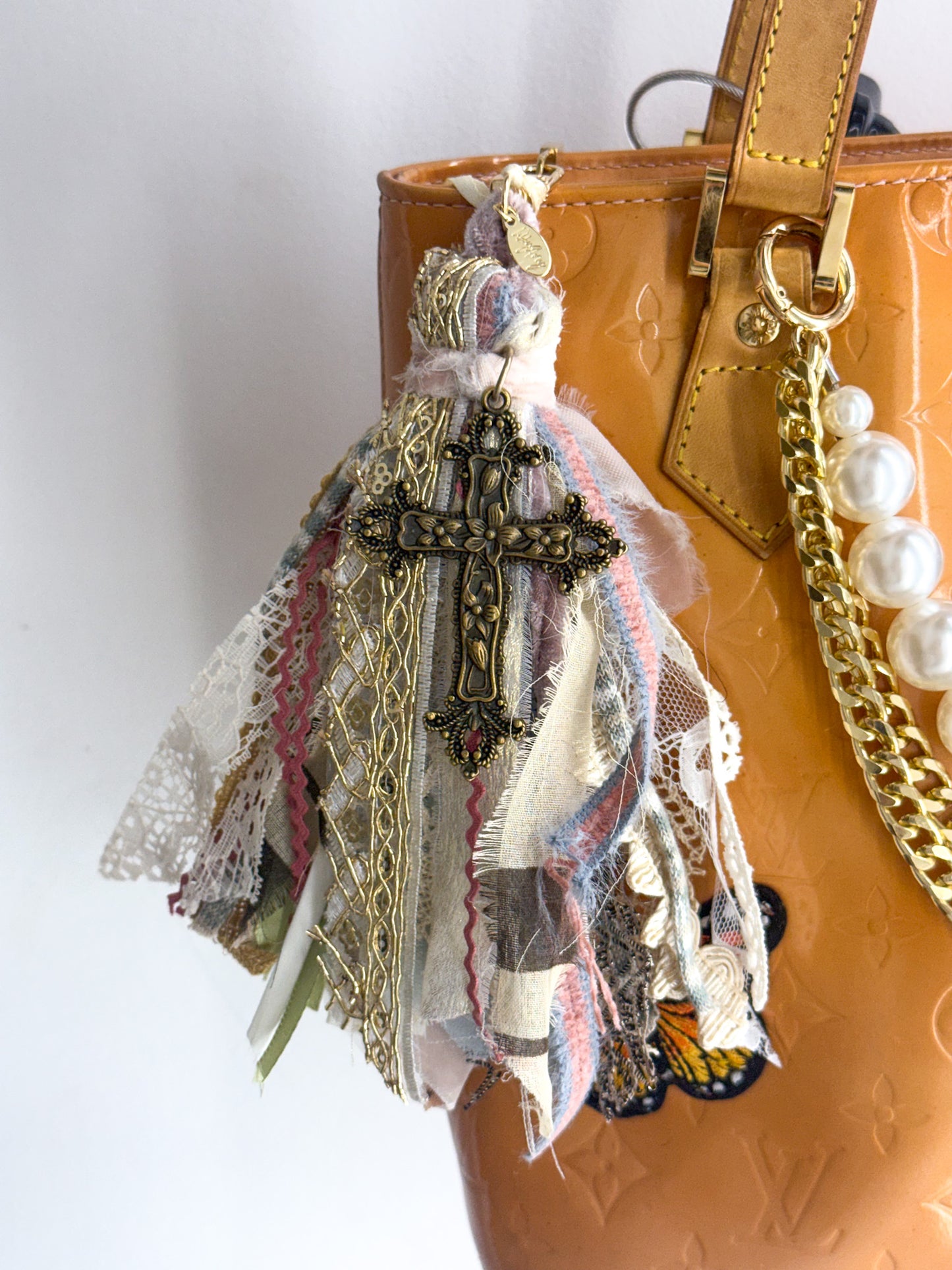 OOAK Medium Fabric Purse Charm with Large Cross