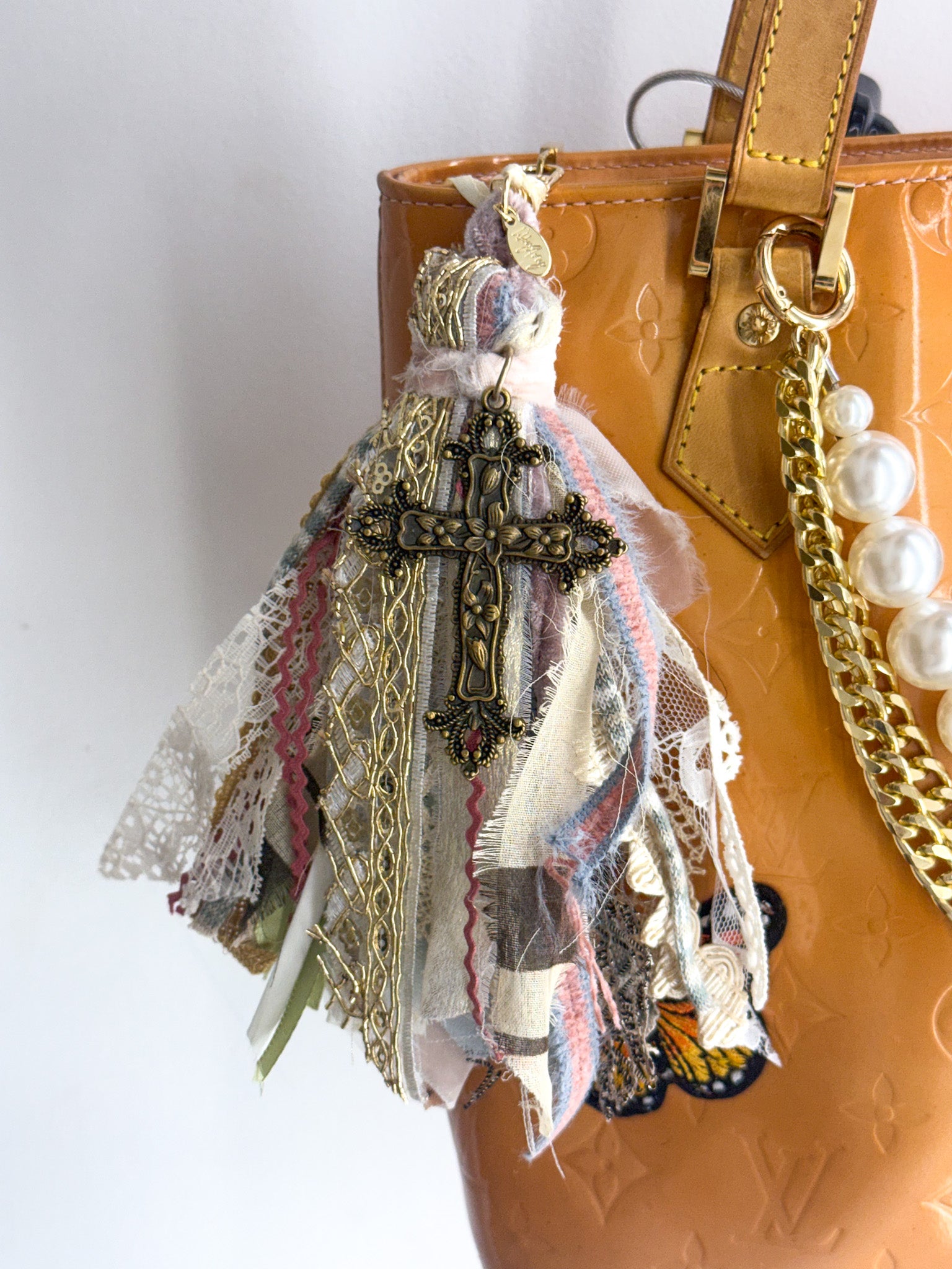 OOAK Medium Fabric Purse Charm with Large Cross