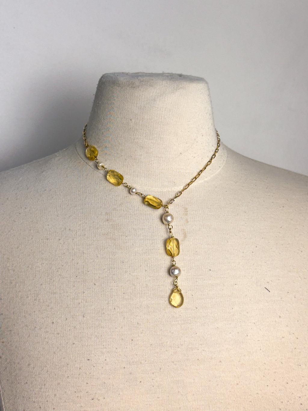 Handmade Citrine & Pearl Lariat Necklace