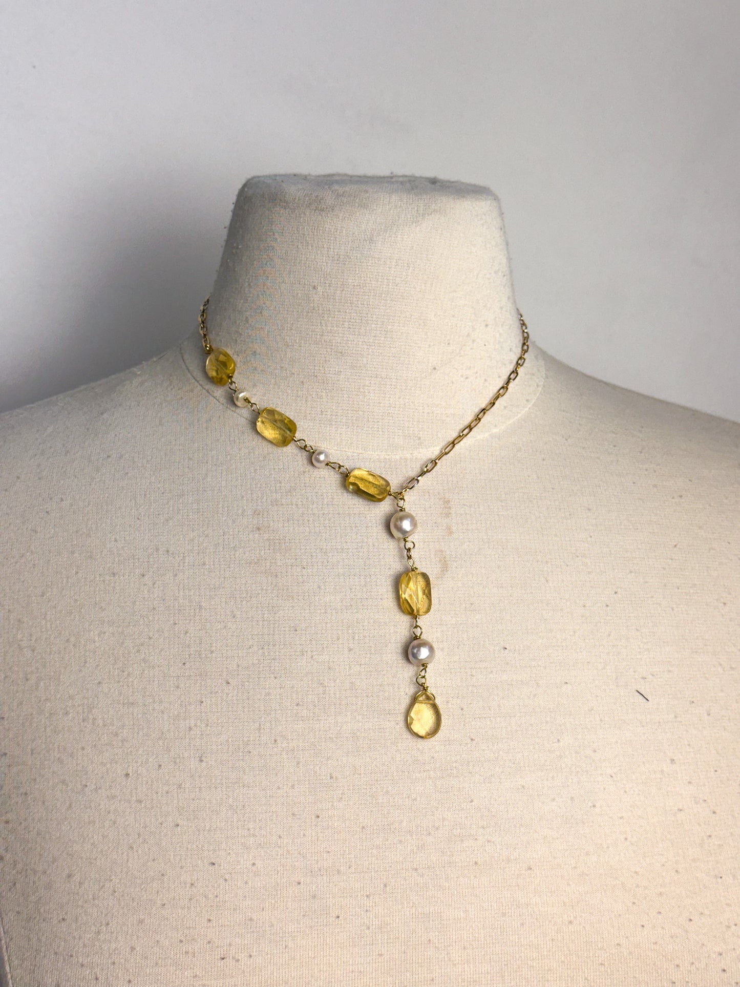 Handmade Citrine & Pearl Lariat Necklace
