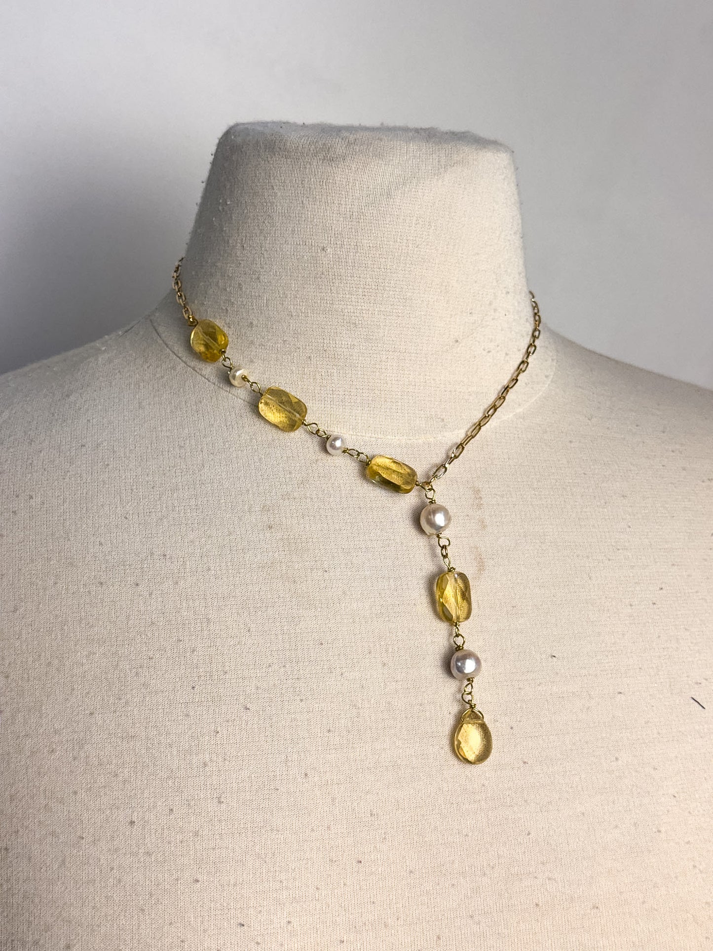 Handmade Citrine & Pearl Lariat Necklace