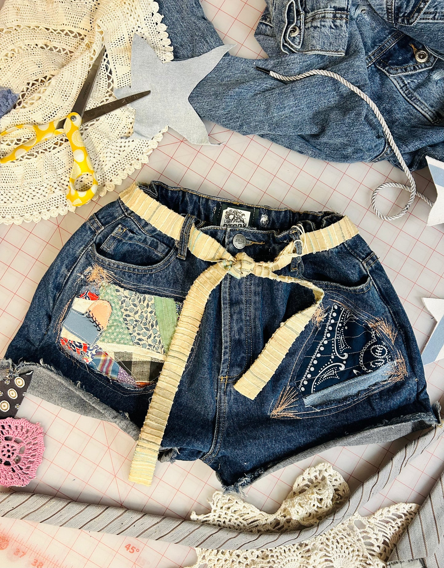 OOAK Patchwork Paper Bag Belted Cut-offs