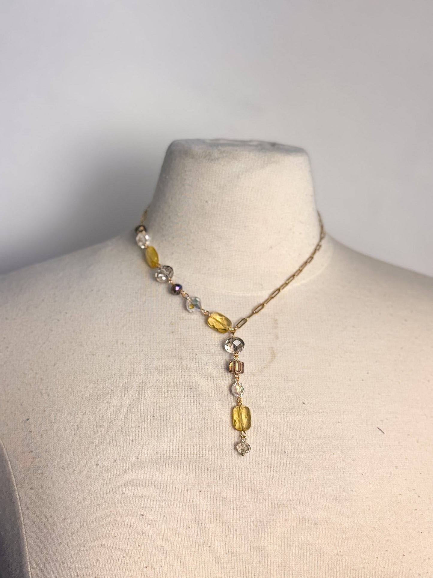 OOAK Citrine & Facated Glass Lariat Necklace