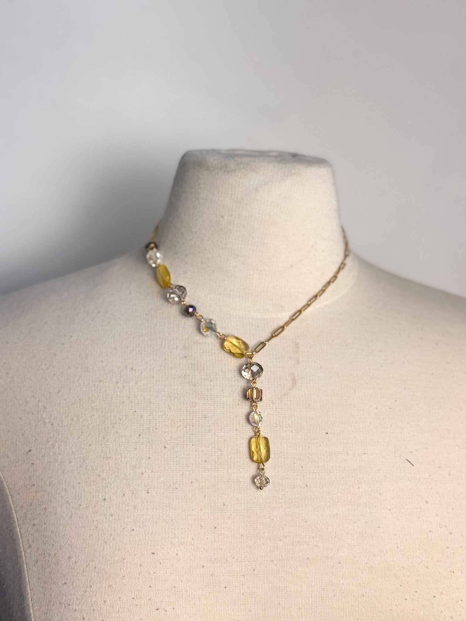 OOAK Citrine & Facated Glass Lariat Necklace