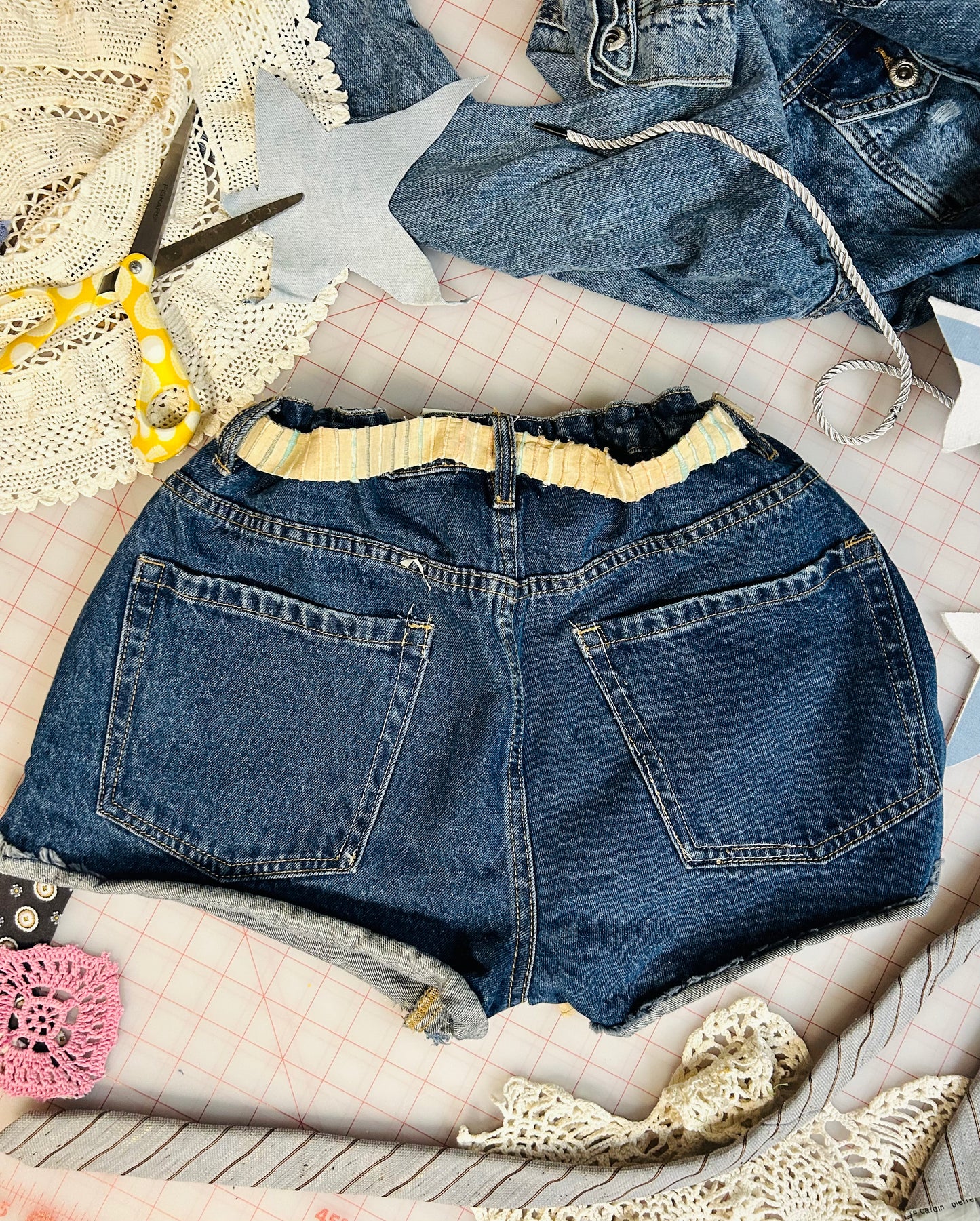 OOAK Patchwork Paper Bag Belted Cut-offs