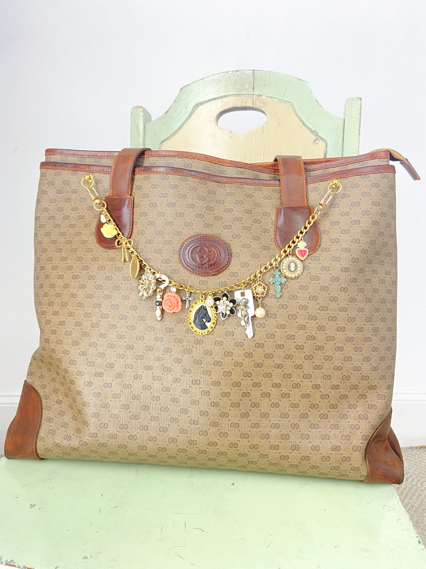 OOAK Vintage Gucci Large Satchel Purse with Charmed Chain Strap