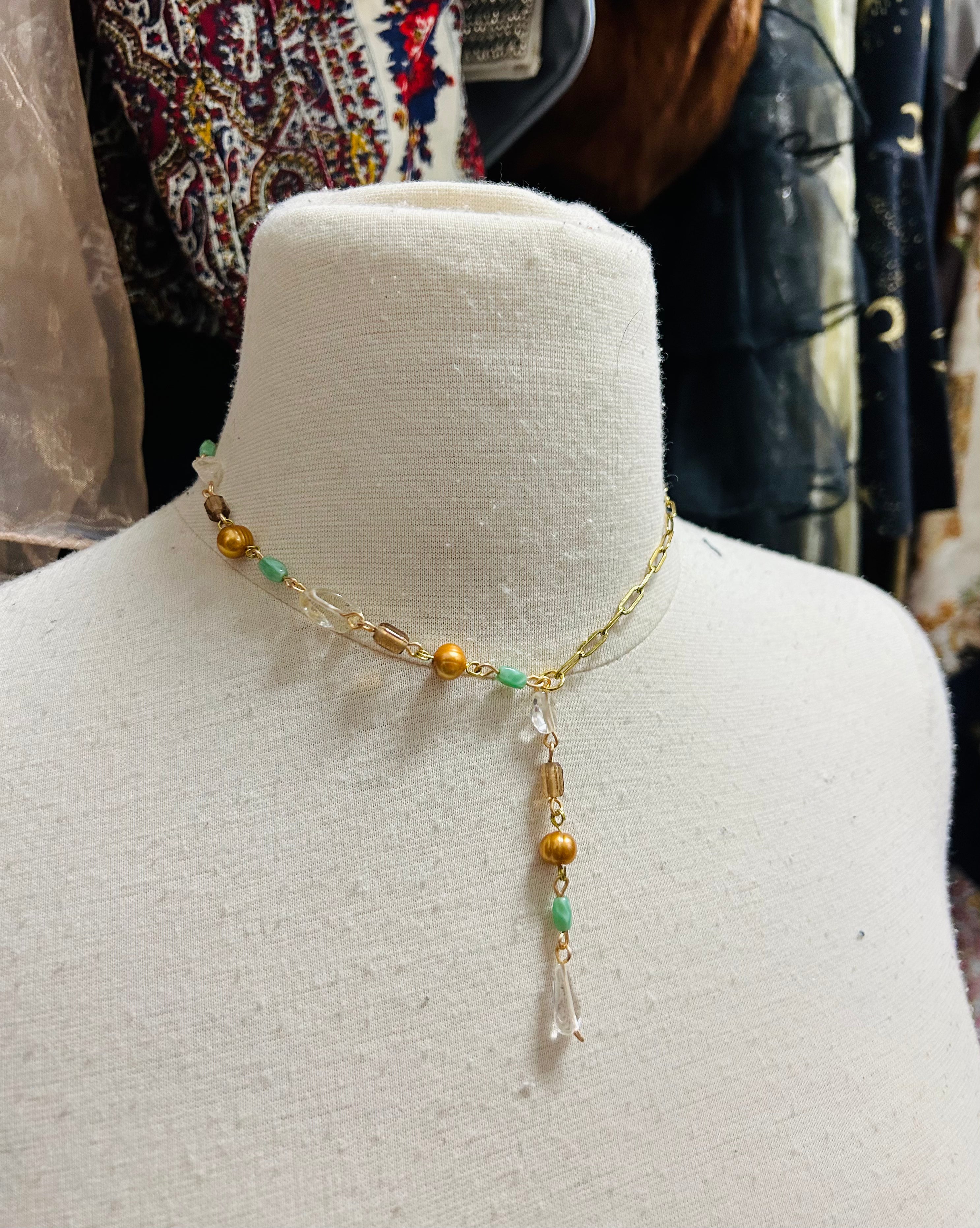 OOAK Vintage Glass, Citrine & Pearls Lariat Necklace
