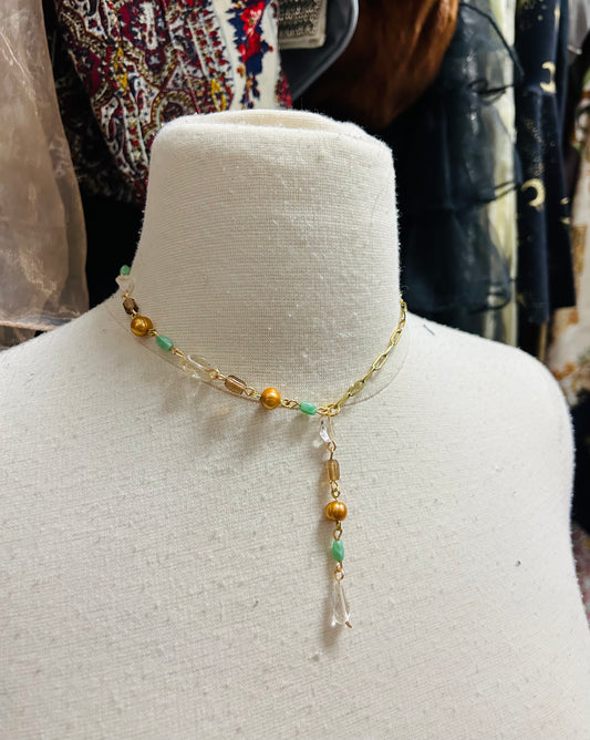 OOAK Vintage Glass, Citrine & Pearls Lariat Necklace
