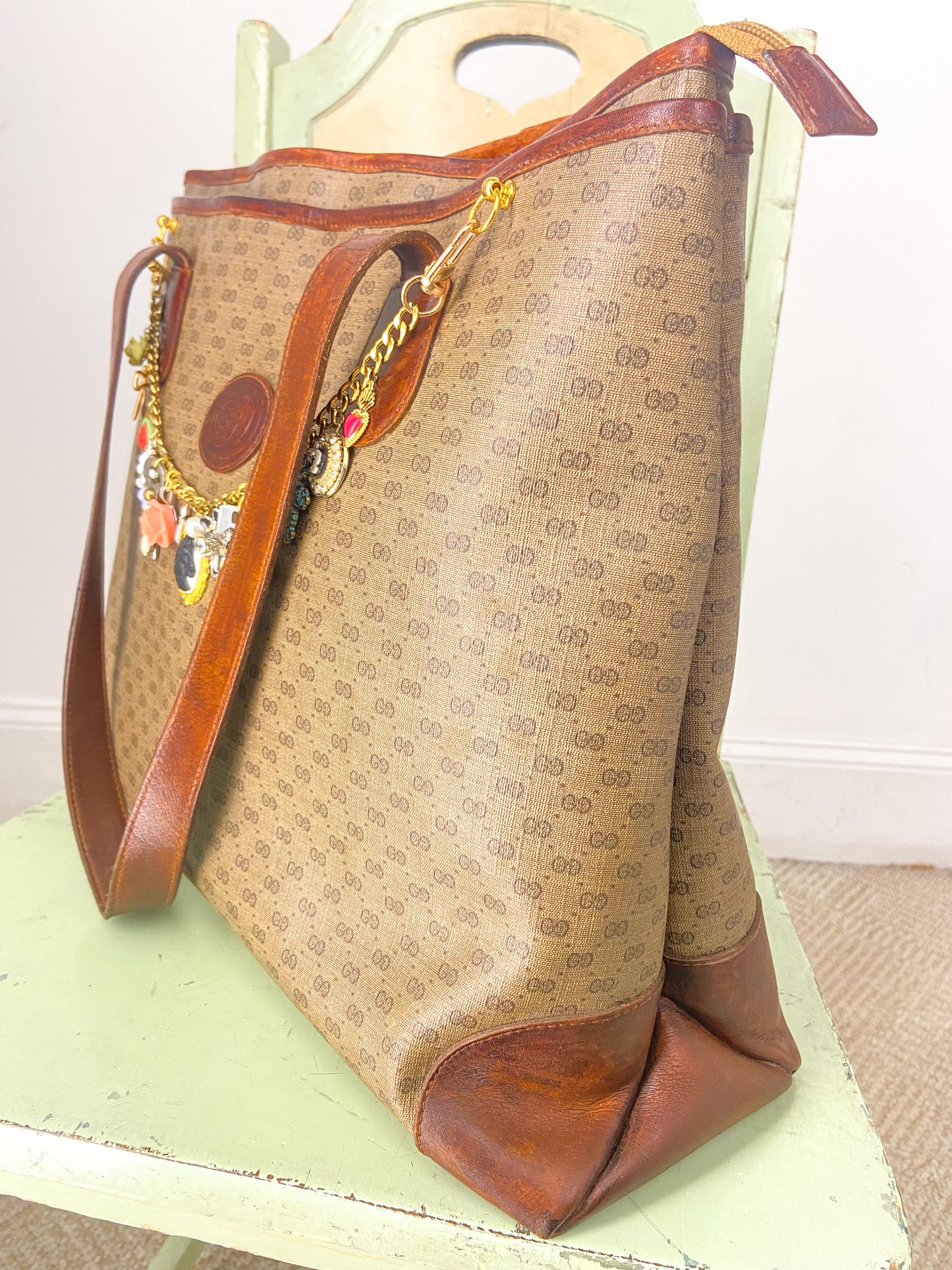 OOAK Vintage Gucci Large Satchel Purse with Charmed Chain Strap