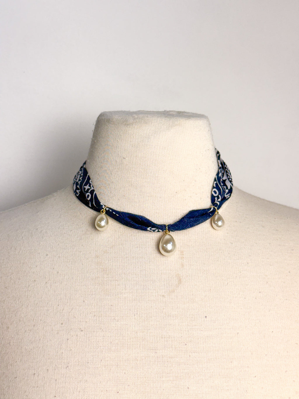 Handmade Bandana & Pearl Drop Scarf Necklace