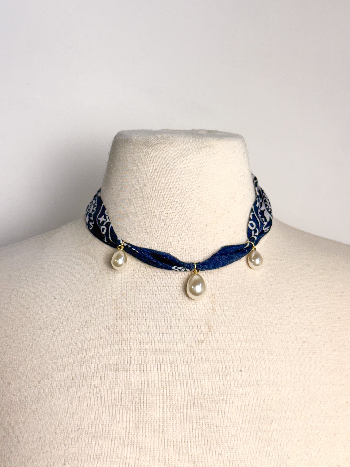 Handmade Bandana & Pearl Drop Scarf Necklace
