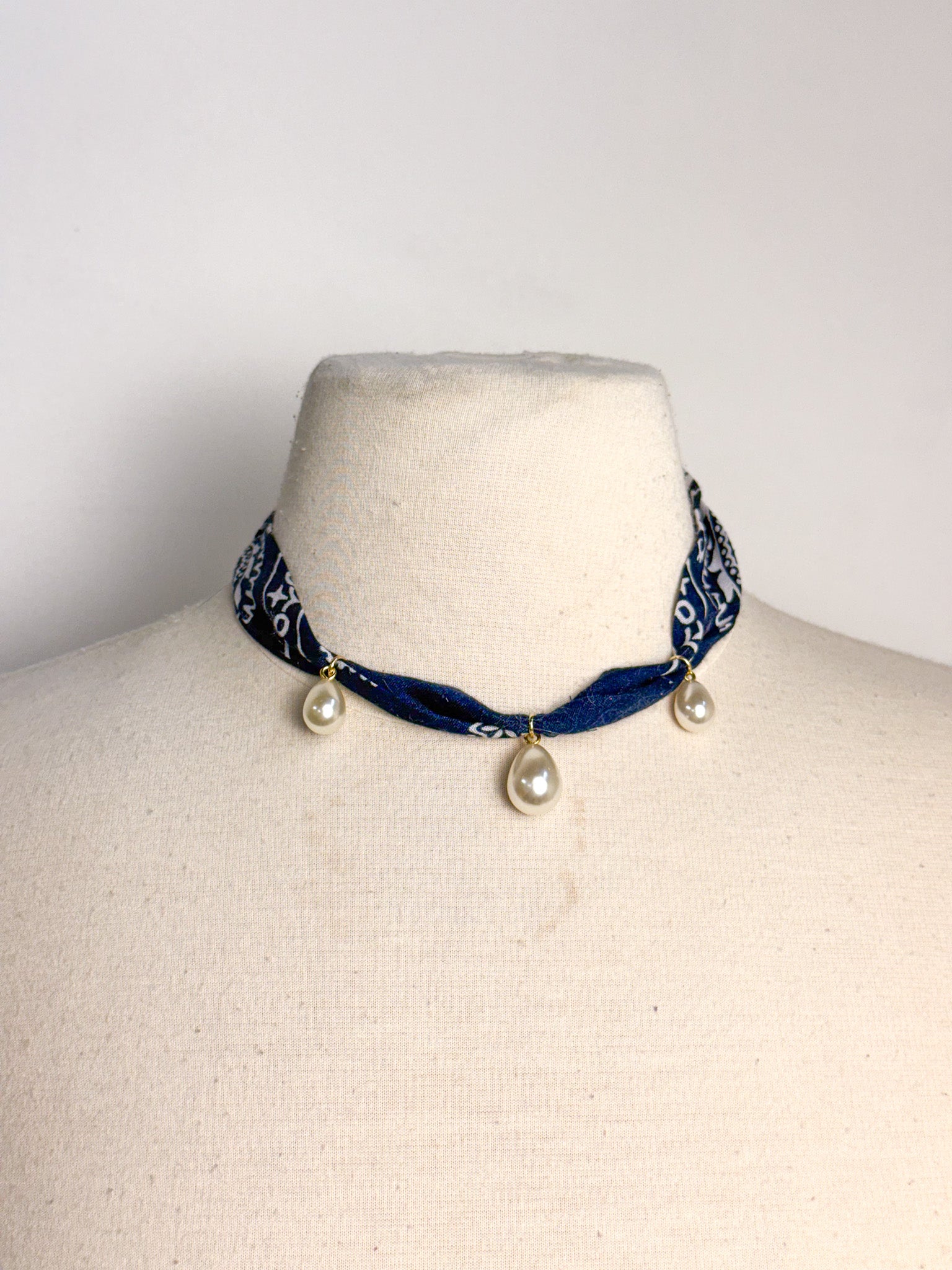Handmade Bandana & Pearl Drop Scarf Necklace