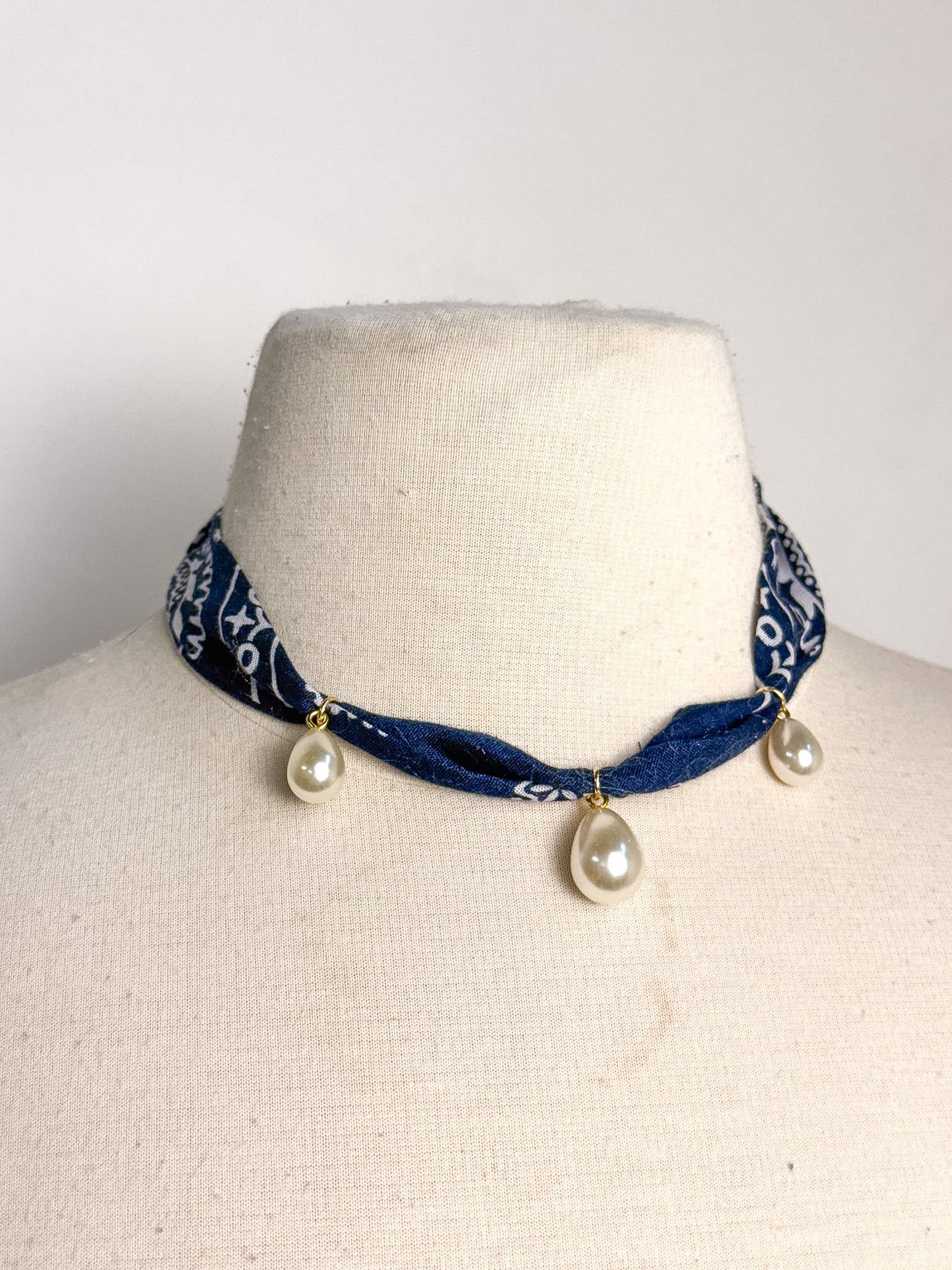 Handmade Bandana & Pearl Drop Scarf Necklace