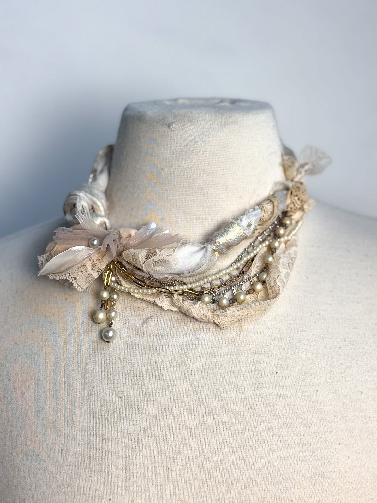 OOAK Vintage Lace & Pearl Statement Necklace
