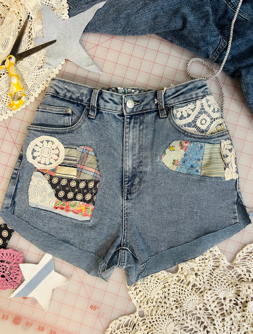 OOAK Quilt Square Patch High Waisted Cut-Offs