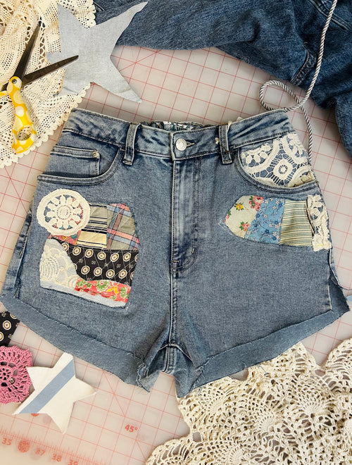 OOAK Quilt Square Patch High Waisted Cut-Offs