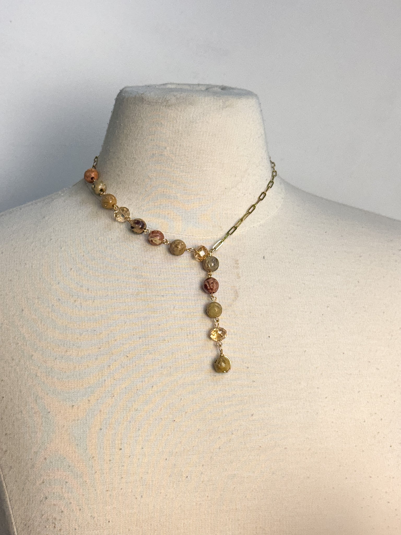 Carved Bone & Faceted Handmade Glass Lariat Necklace
