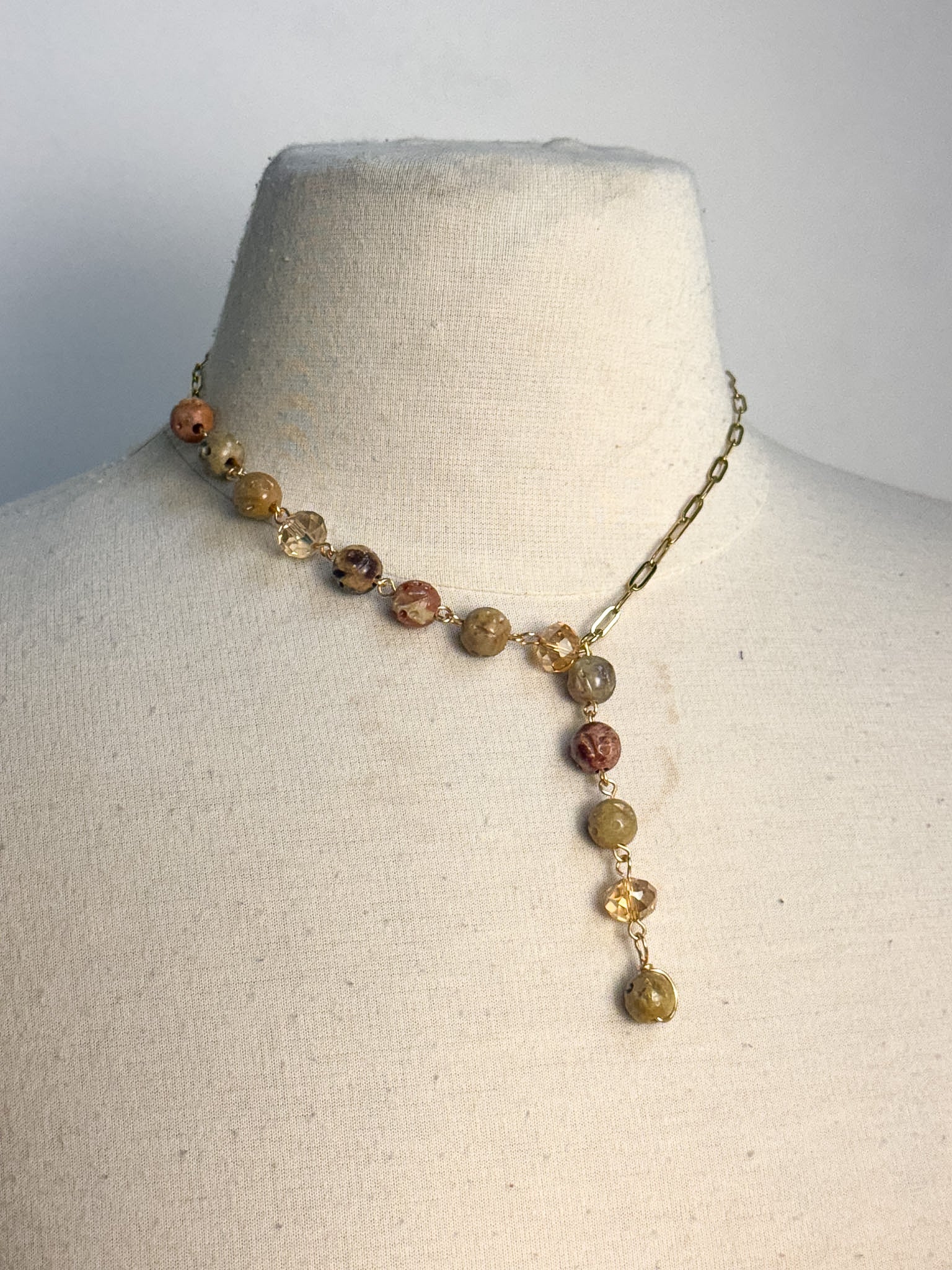 Carved Bone & Faceted Handmade Glass Lariat Necklace