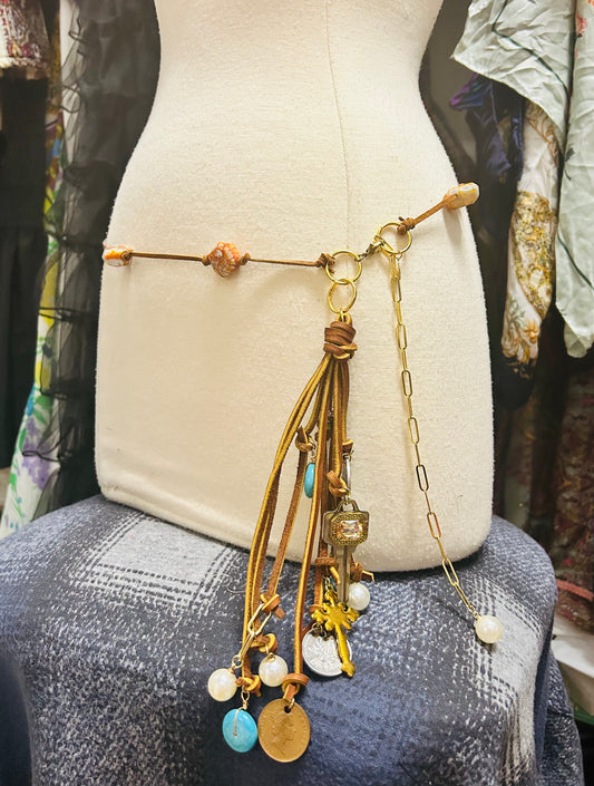 OOAK Leather & Stones Fringe Belt