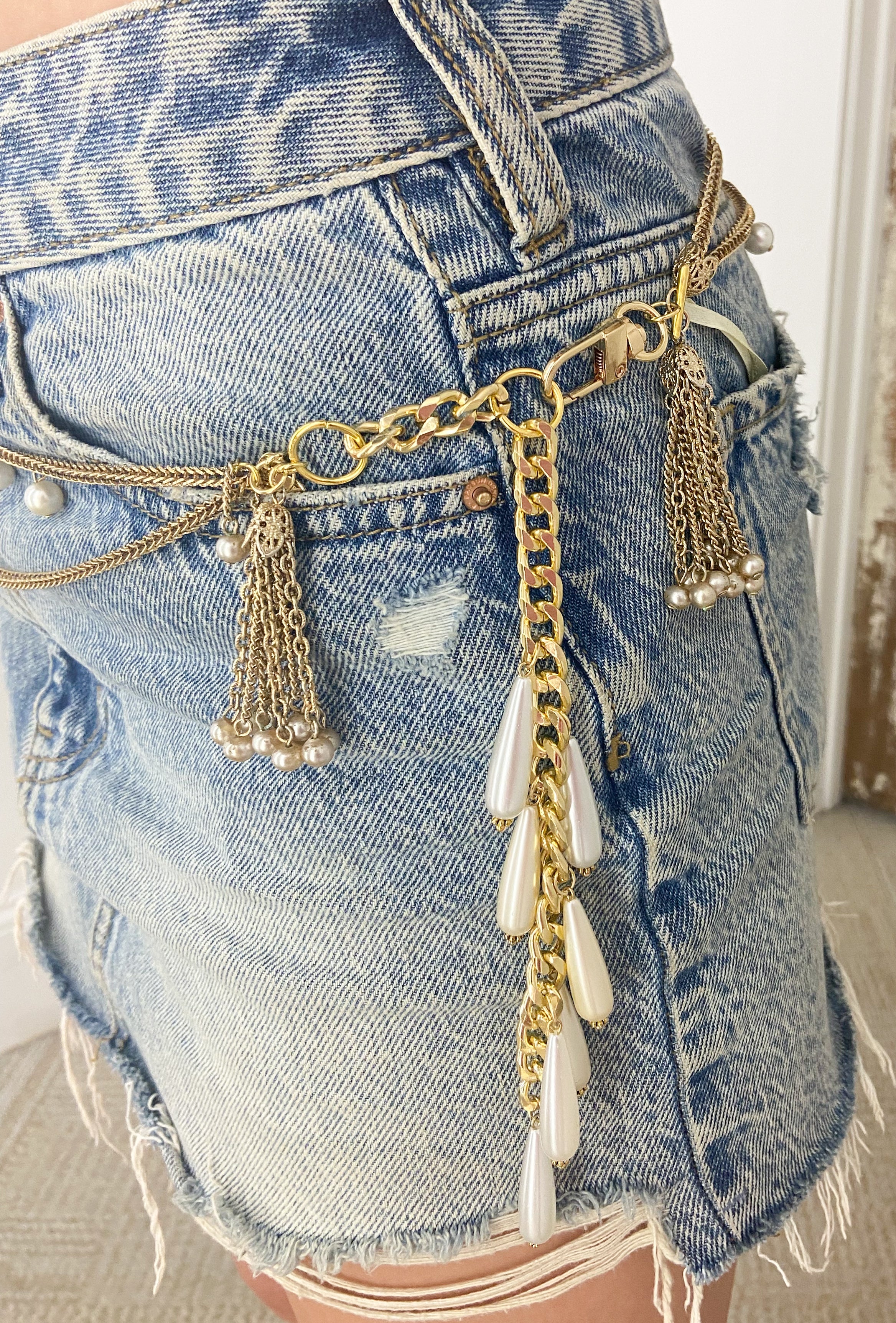 OOAK Box Chain and Pearl Fringe Waistchain