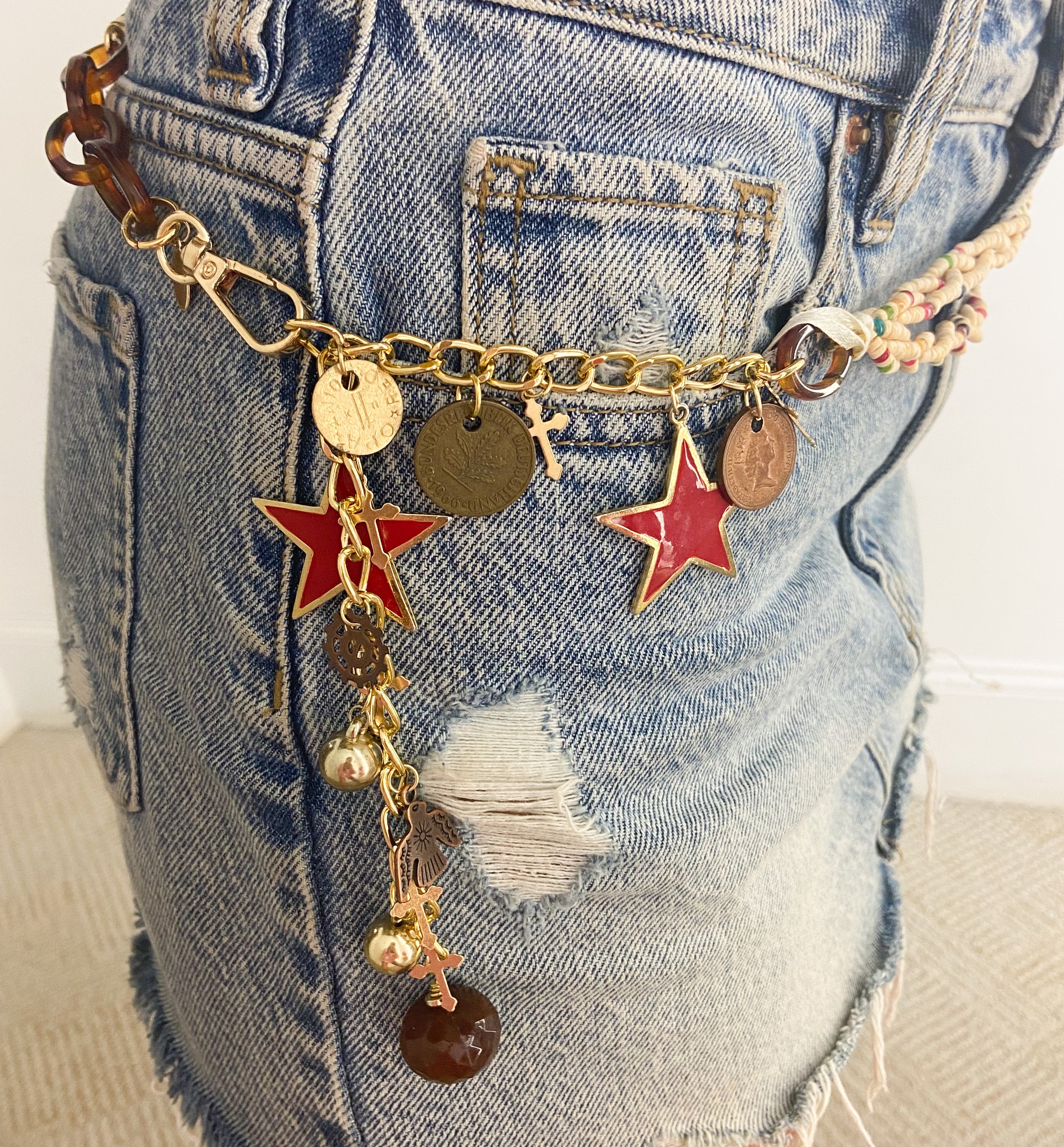 OOAK Vintage Star and Wooden Bead Waist Chain