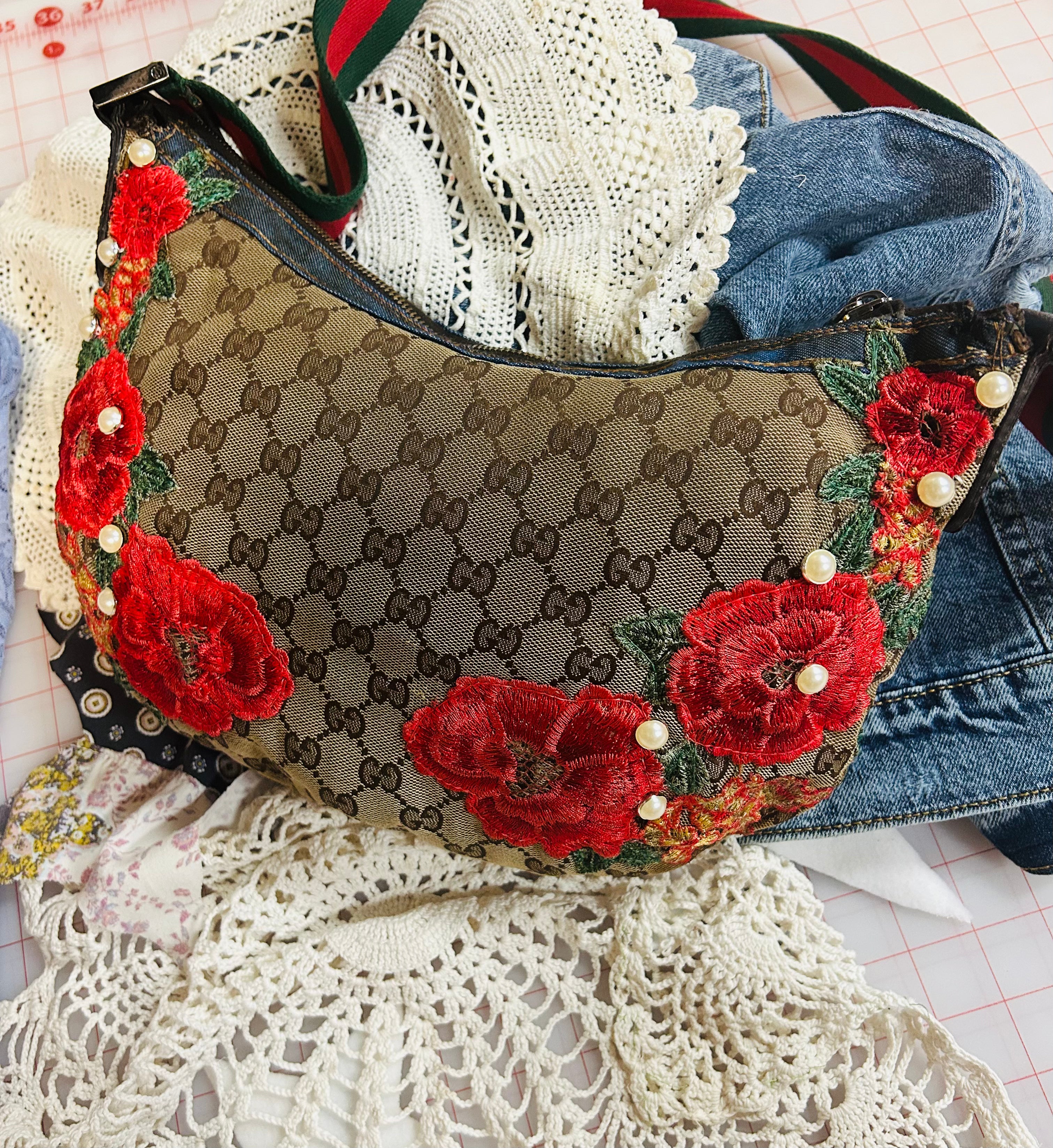 OOAK Vintage Gucci Pearl & Flower Patch Purse