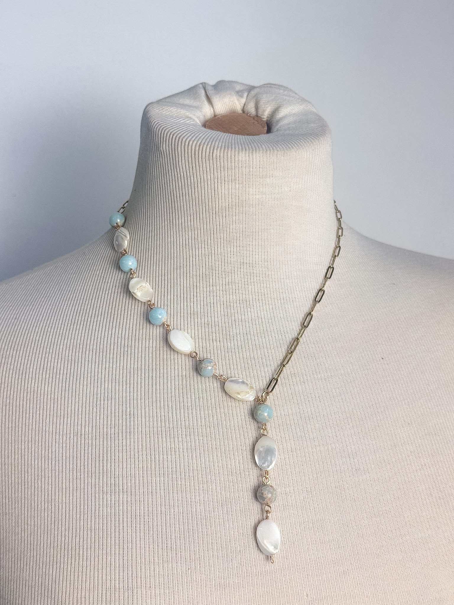 Handmade Shell & Blue Jasper Lariat Necklace
