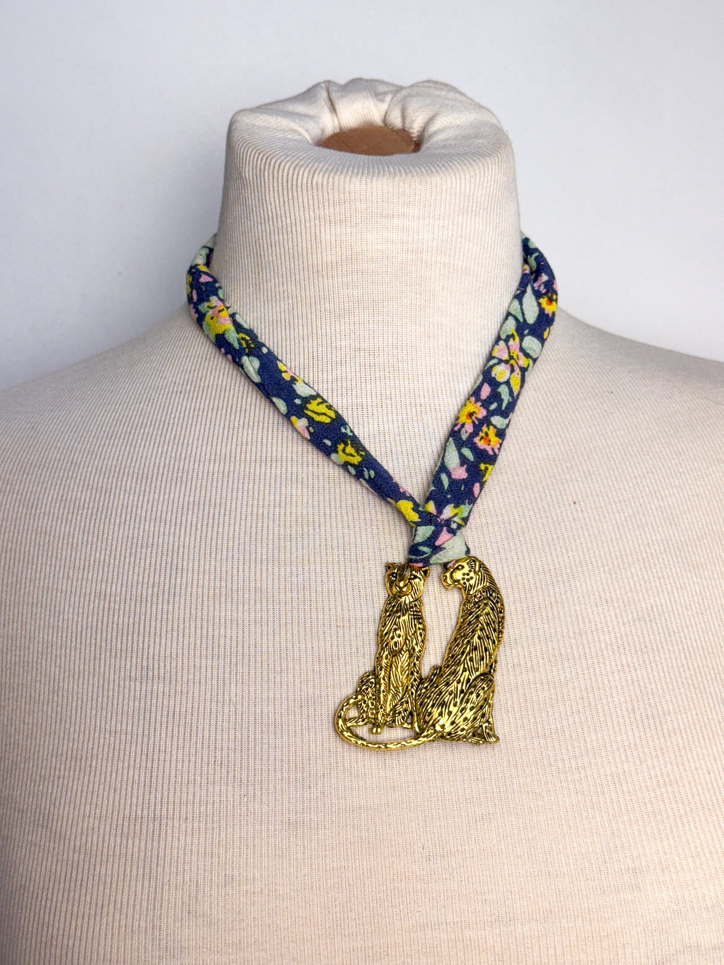 OOAK Floral Fabric Leopard Pendant Scarf Necklace