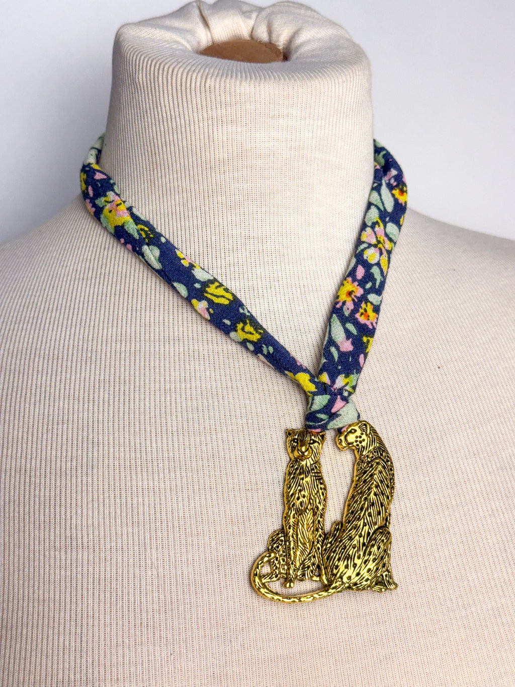 OOAK Floral Fabric Leopard Pendant Scarf Necklace