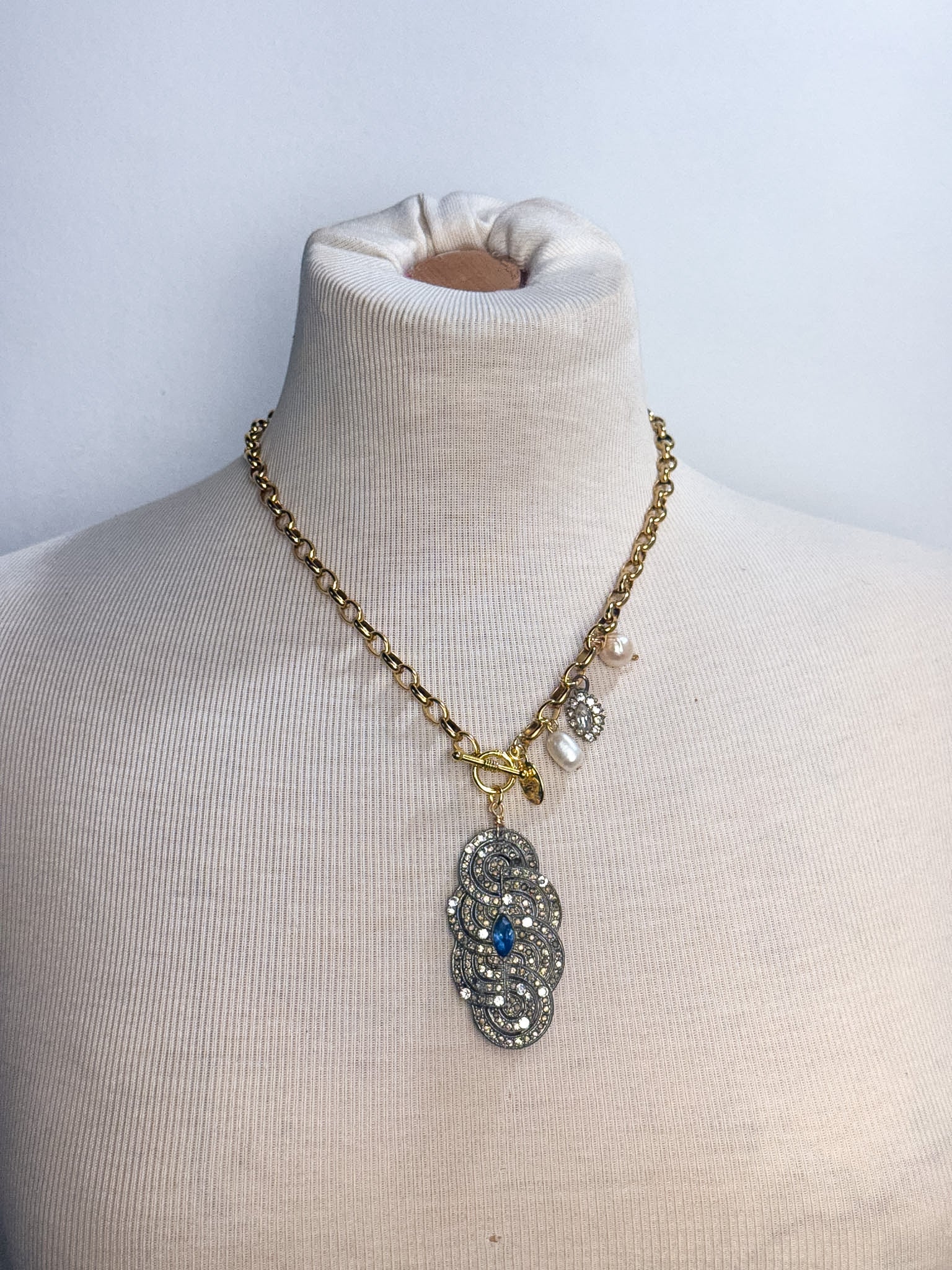 OOAK Vintage Rhinestone Broach & Charms Necklace