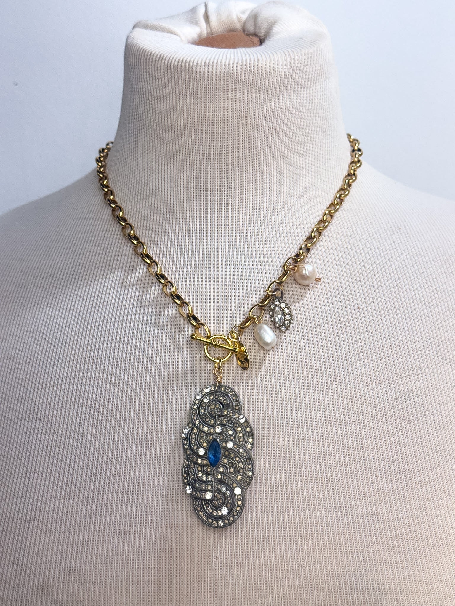 OOAK Vintage Rhinestone Broach & Charms Necklace
