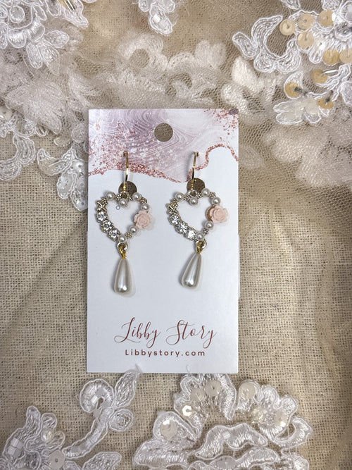 Handmade Rose Heart & Pearl Earrings