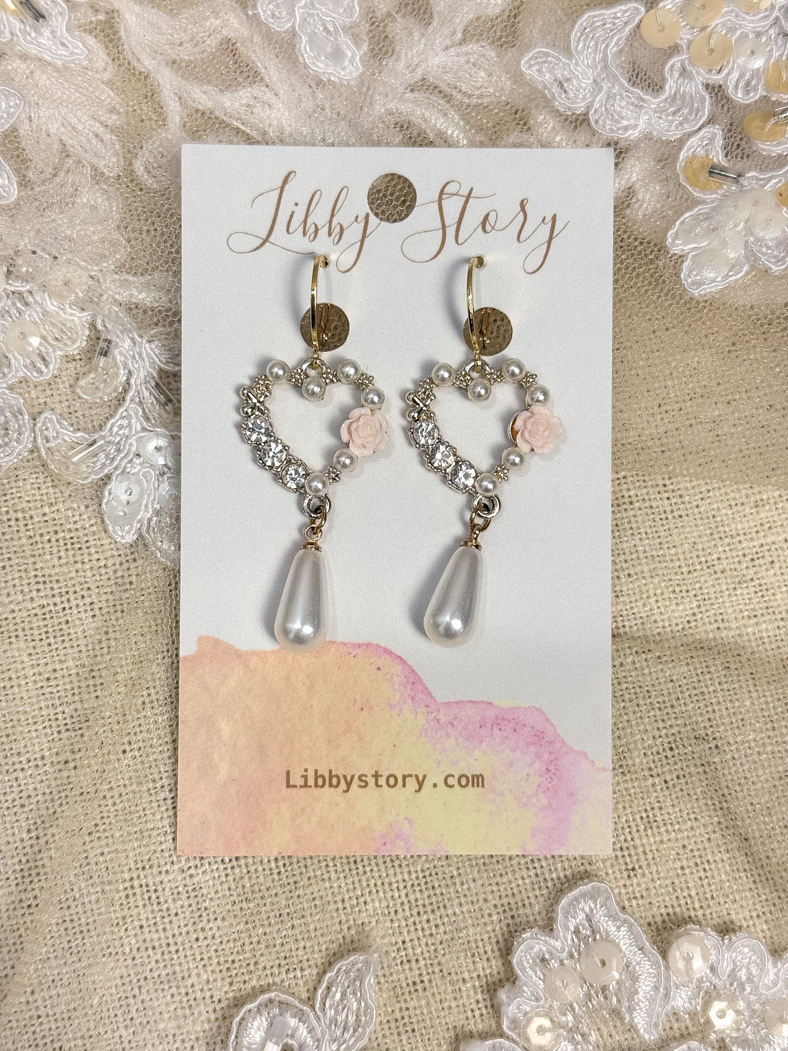 Handmade Floral Heart & Pearl Drop Earrings