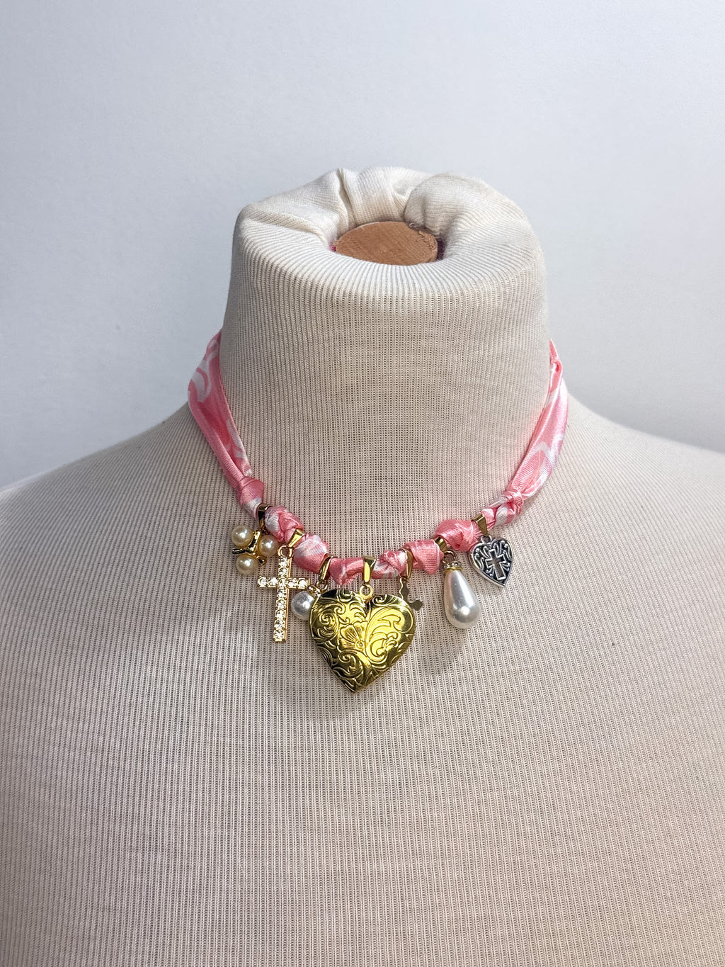 OOAK Heart Locket Charm Satin Scarf Necklace