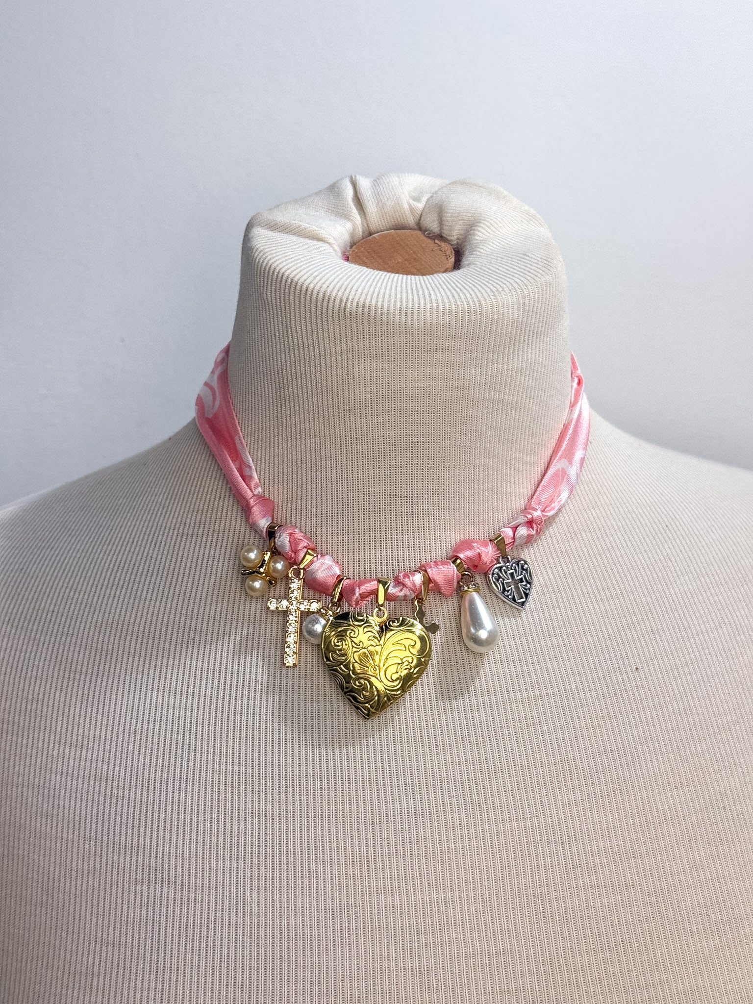 OOAK Heart Locket Charm Satin Scarf Necklace
