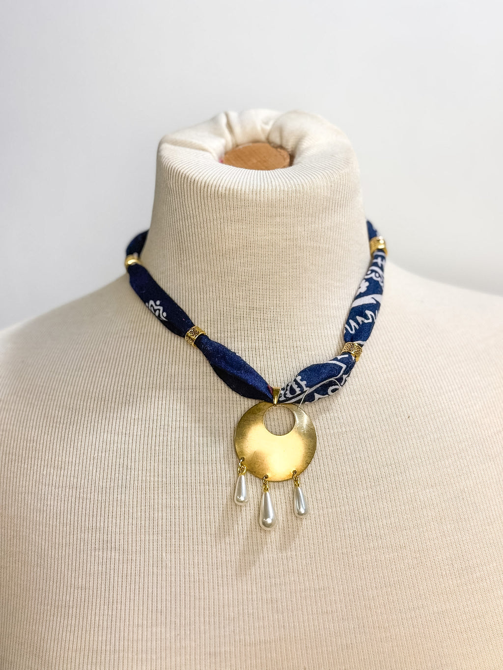 OOAK Bandana Triple Pearl Drop Scarf Necklace