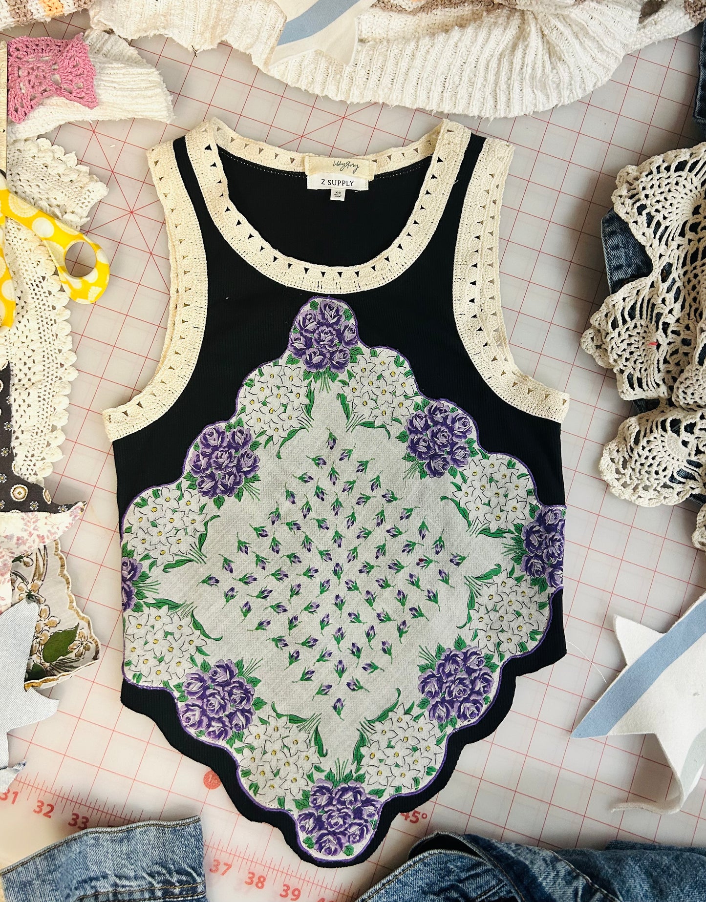 OOAK Crochet Trim Vintage Hanky Top