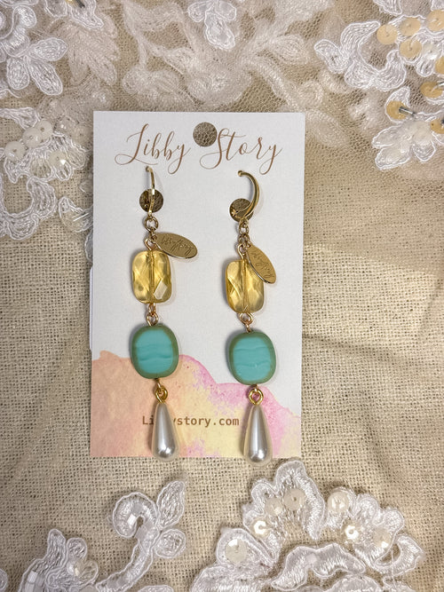 Handmade Citrine, Glass, & Pearl Drop Earrings